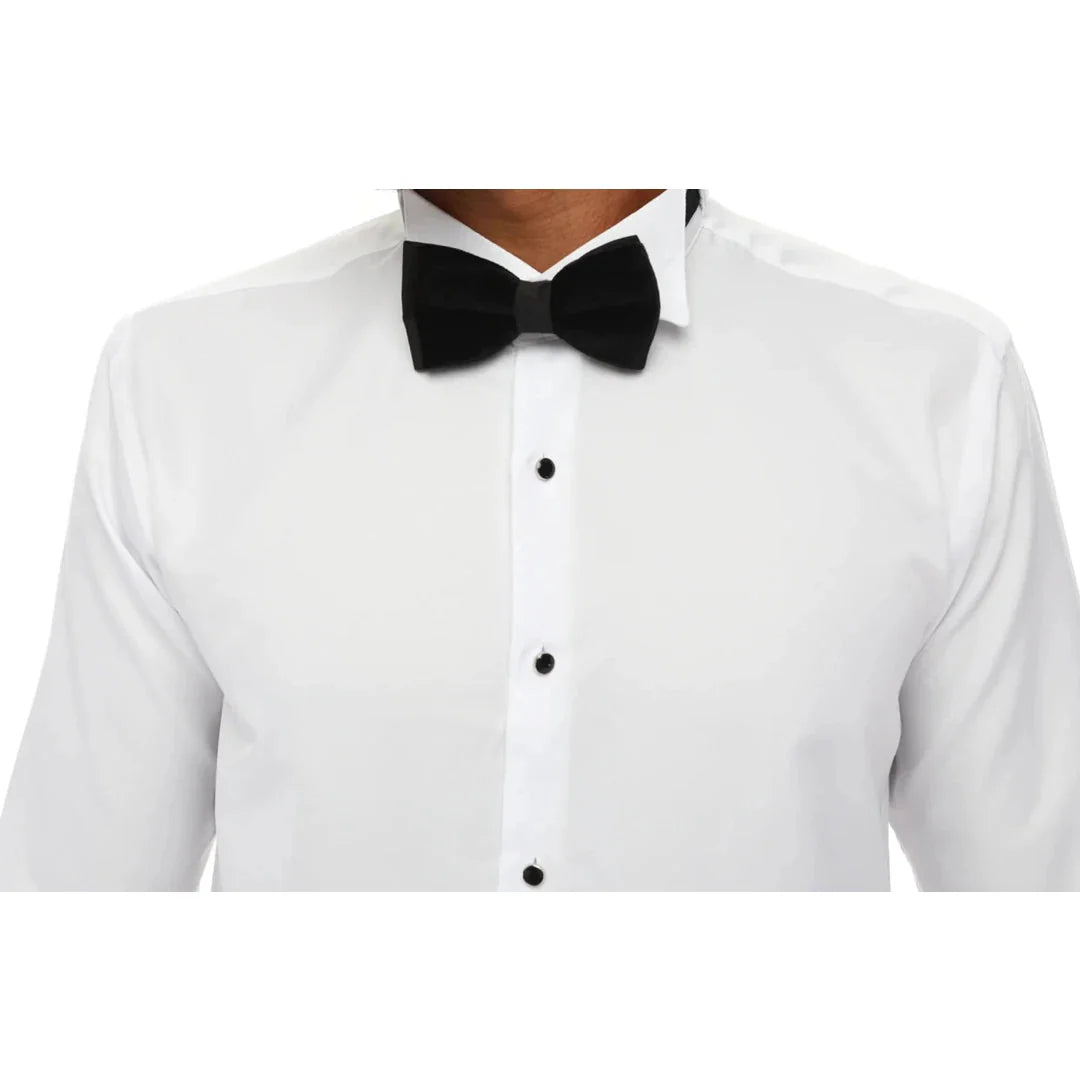 Camisa de esmoquin blanca clásica con cuello de alas y puños dobles para hombre.