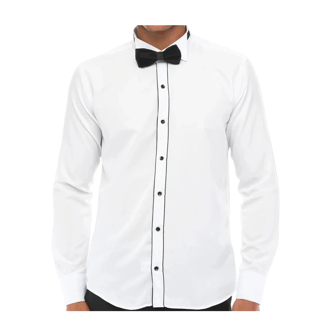 Camisa de esmoquin para hombre con cuello de alas, color blanco, ribete negro, puños dobles, estilo clásico para cena.