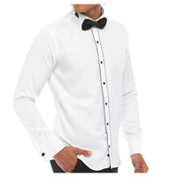 Camisa de esmoquin para hombre con cuello de alas, color blanco, ribete negro, puños dobles, estilo clásico para cena.