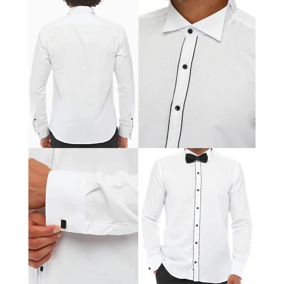 Camisa de esmoquin para hombre con cuello de alas, color blanco, ribete negro, puños dobles, estilo clásico para cena.