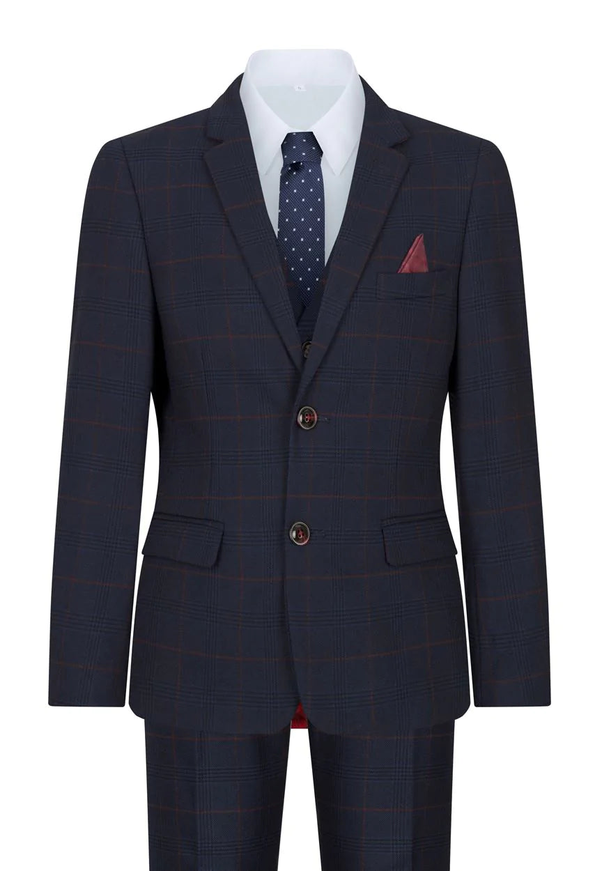 Traje de tres piezas a cuadros azul marino para niño, Red Edinson Marc Darcy, estilo clásico vintage para bodas