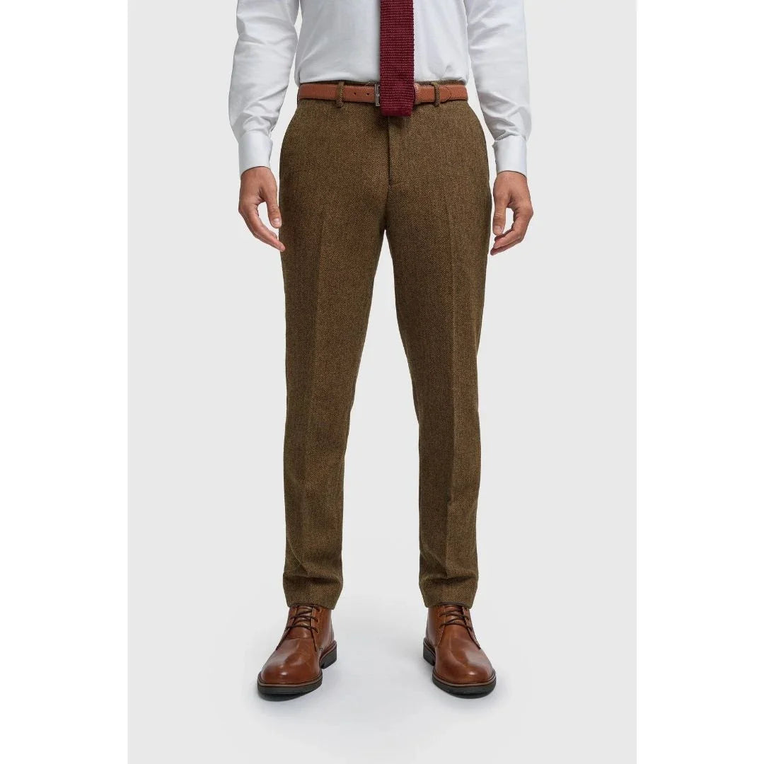 Thomas - Pantalones de hombre de tweed de espiga de mezcla de lana marrón