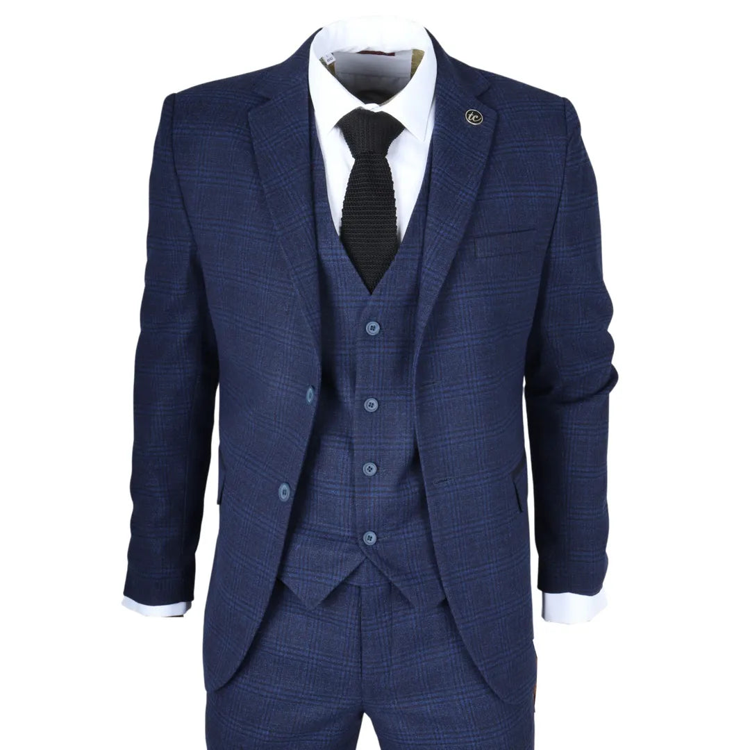 IM10 - Traje de tres piezas a cuadros azul marino para hombre