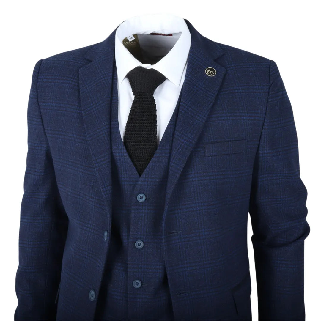 IM10 - Traje de tres piezas a cuadros azul marino para hombre