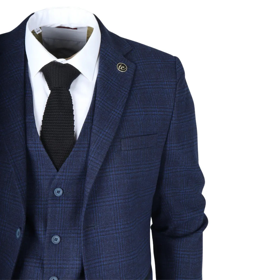 IM10 - Traje de tres piezas a cuadros azul marino para hombre