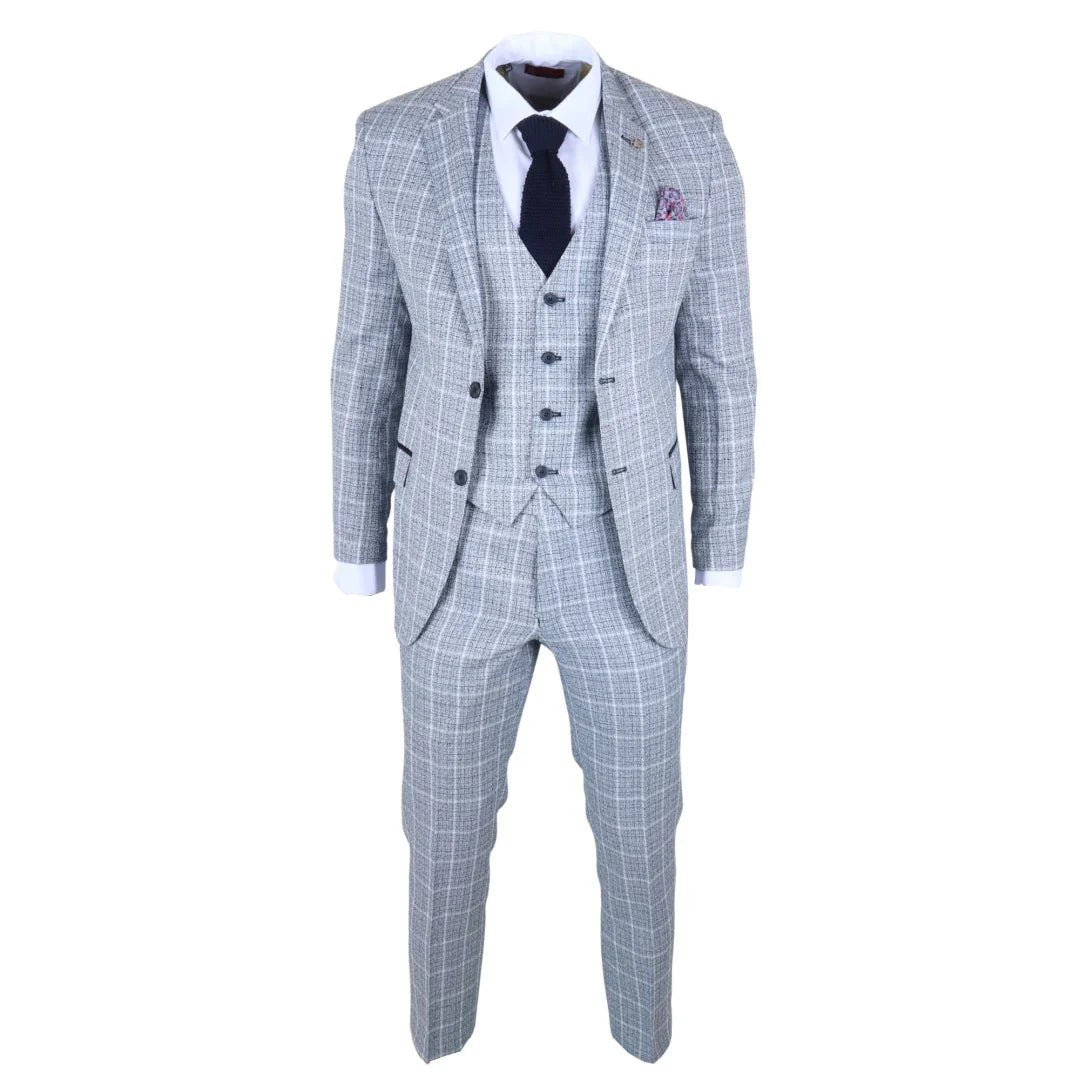 Traje de tres piezas a cuadros azul claro para hombre