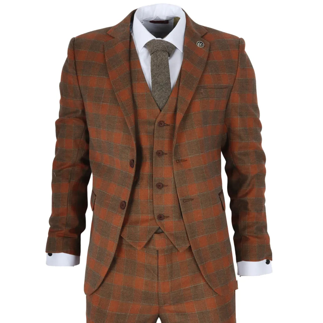 IM11 - Traje de tres piezas a cuadros marrones para hombre