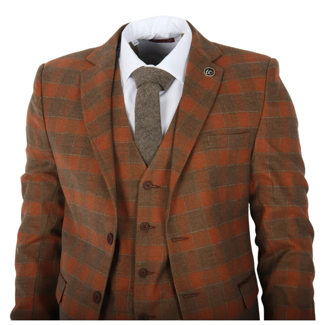 IM11 - Traje de tres piezas a cuadros marrones para hombre