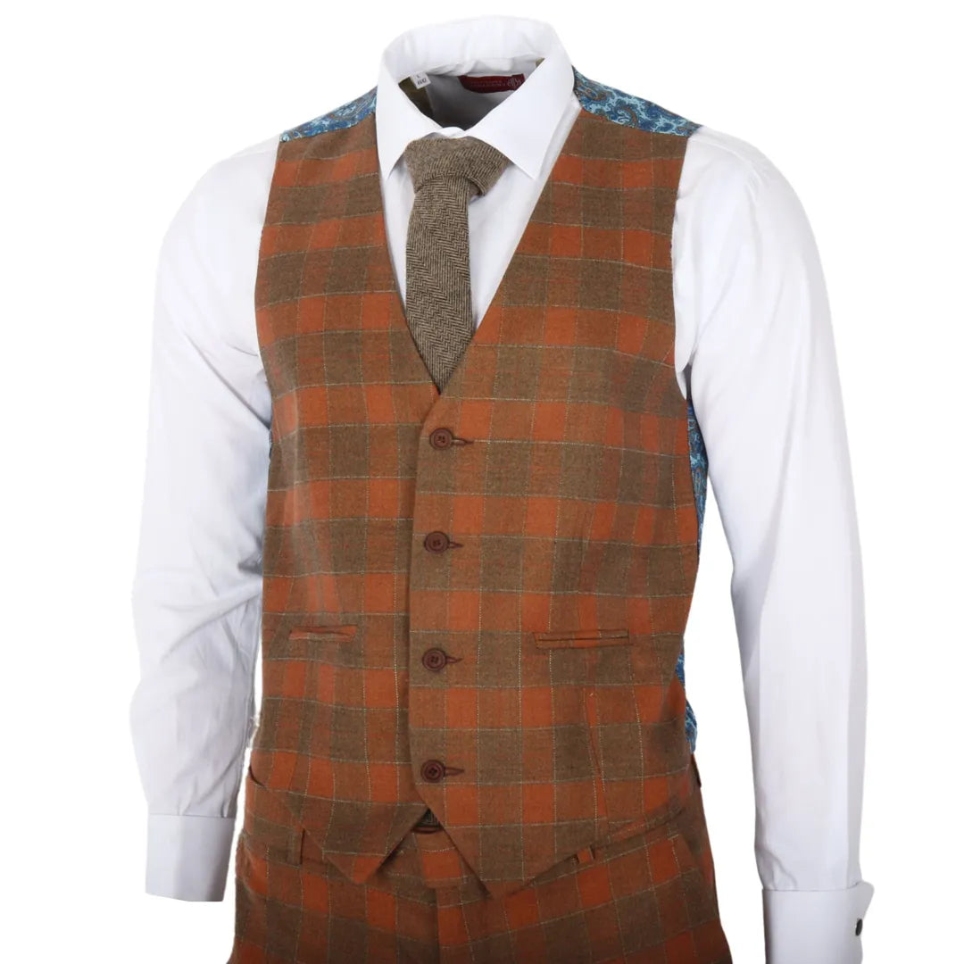 IM11 - Traje de tres piezas a cuadros marrones para hombre