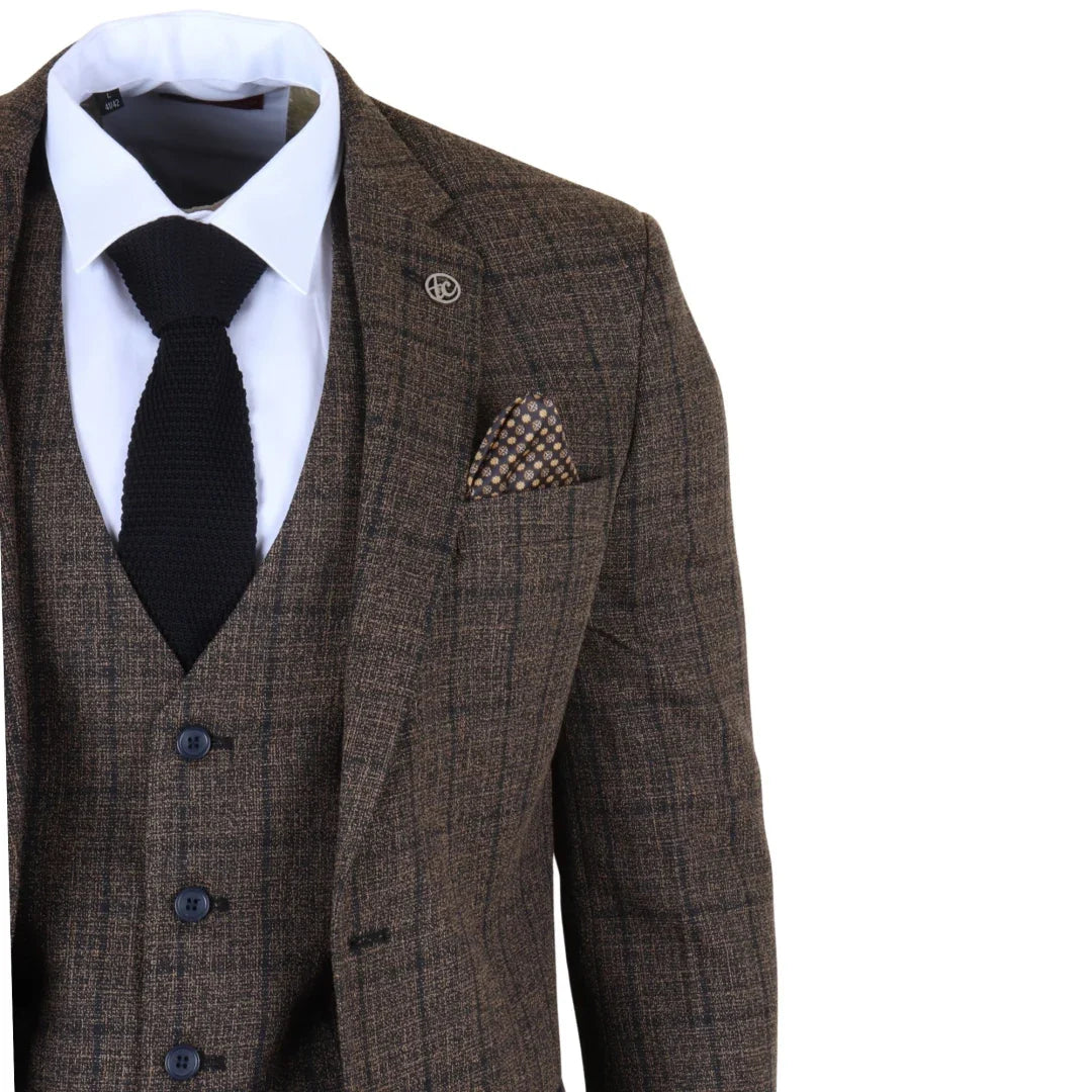 IM11 - Traje de tres piezas a cuadros marrón oscuro para hombre