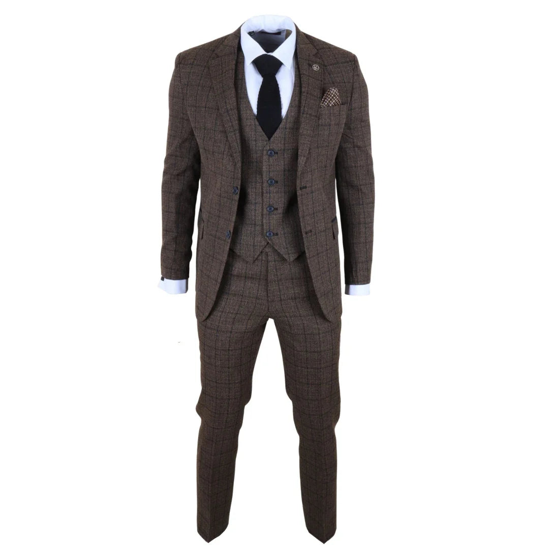 IM11 - Traje de tres piezas a cuadros marrón oscuro para hombre