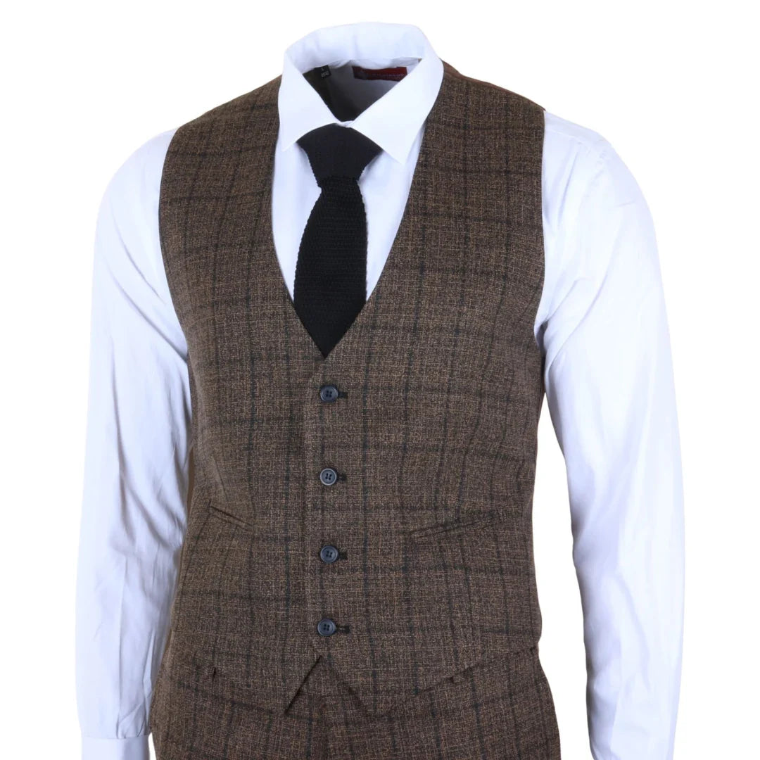 IM11 - Traje de tres piezas a cuadros marrón oscuro para hombre
