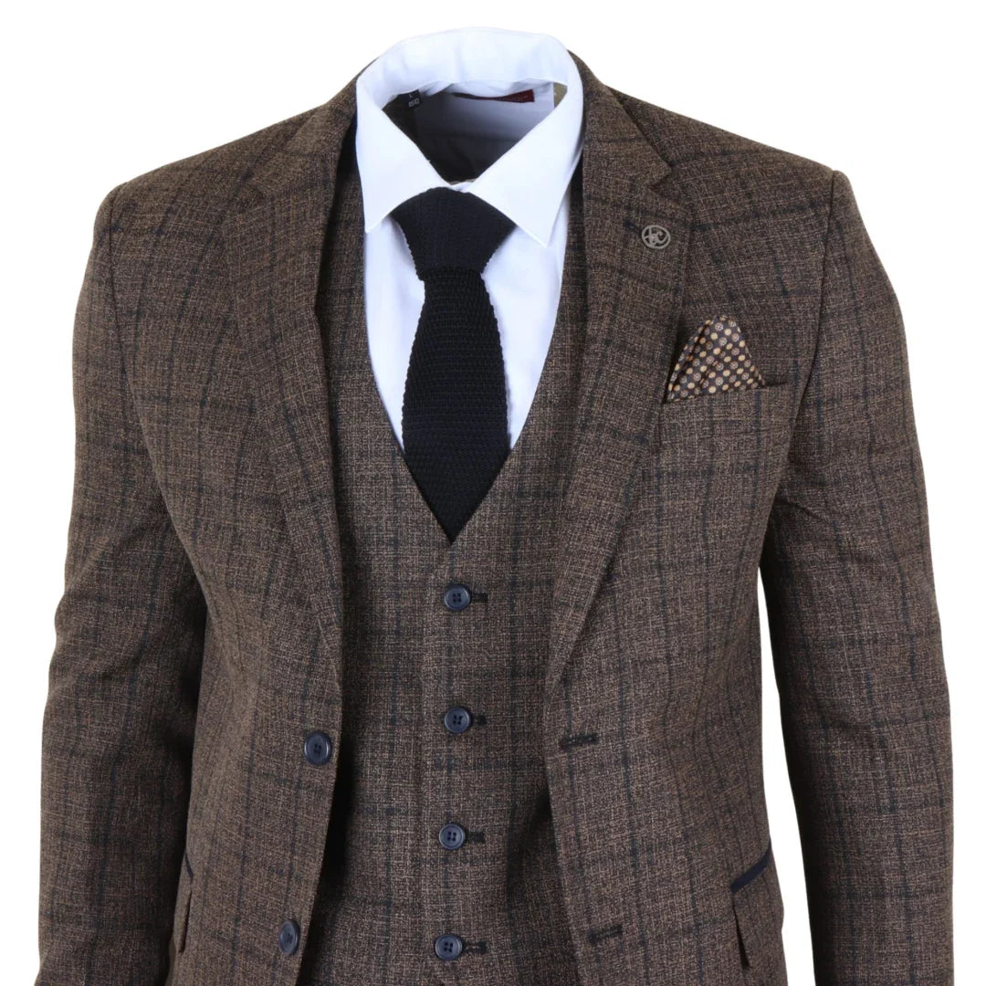 IM11 - Traje de tres piezas a cuadros marrón oscuro para hombre