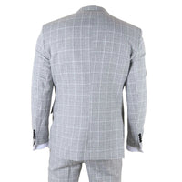 Traje de tres piezas gris para hombre, corte entallado, a cuadros.