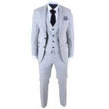 Traje de tres piezas gris para hombre, corte entallado, a cuadros.