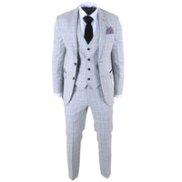 Traje de tres piezas gris para hombre, corte entallado, a cuadros.