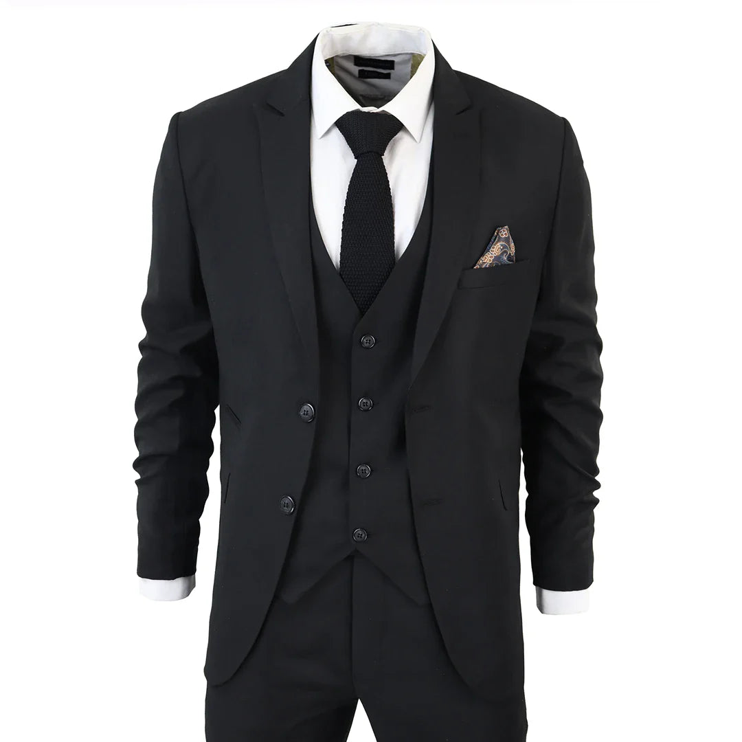 Traje de tres piezas clásico negro liso de corte entallado para hombre IM1