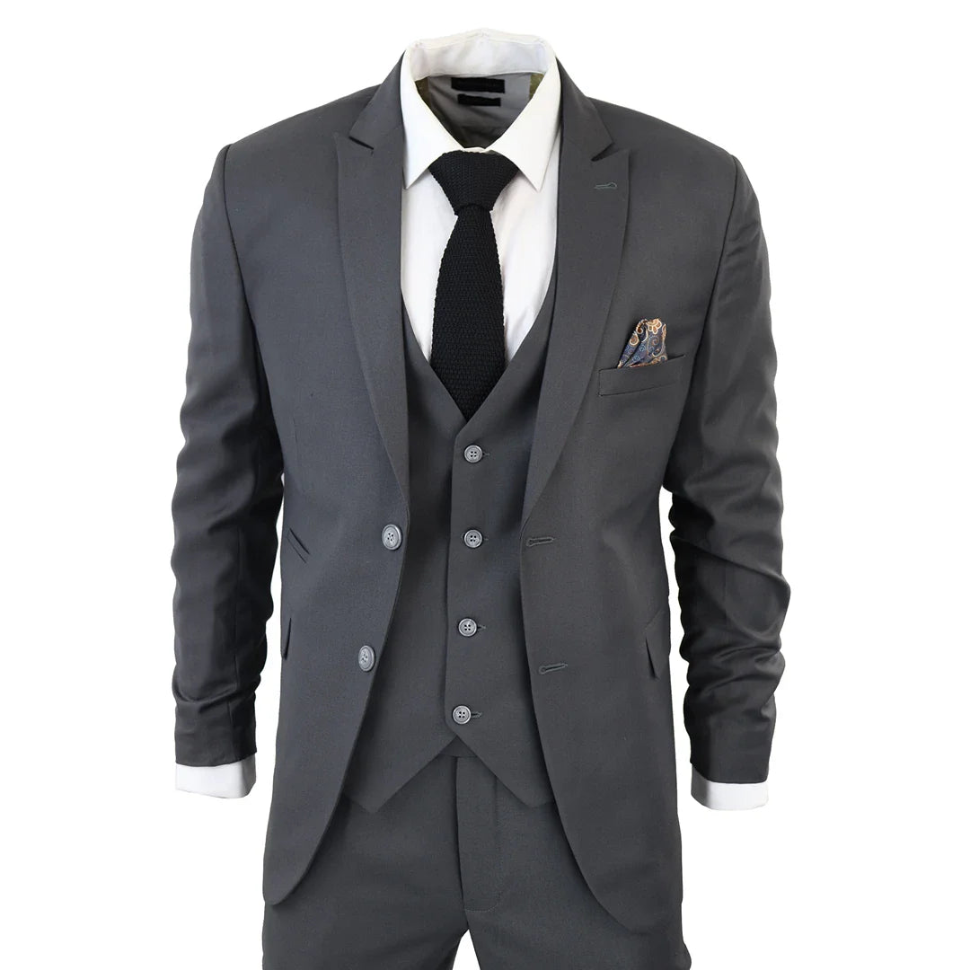 Traje de tres piezas IM1 para hombre, clásico, color carbón, liso, corte entallado.