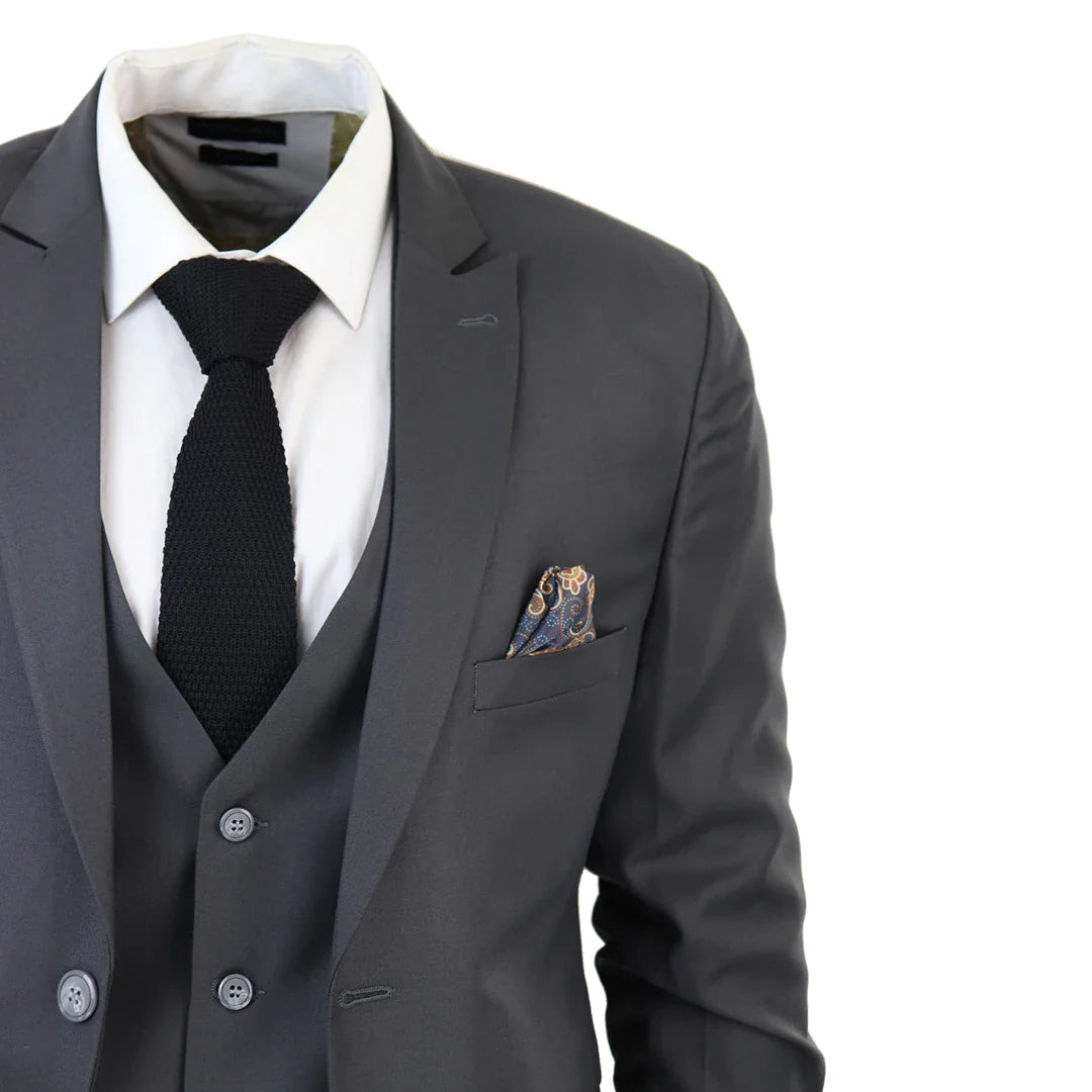Traje de tres piezas IM1 para hombre, clásico, color carbón, liso, corte entallado.