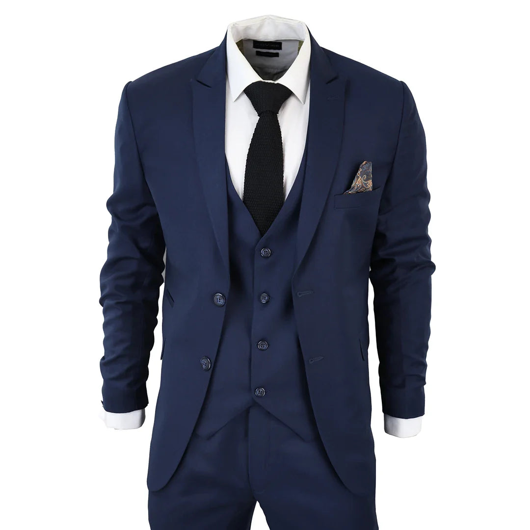Traje de tres piezas IM1 para hombre, clásico, color azul marino carbón, corte entallado.