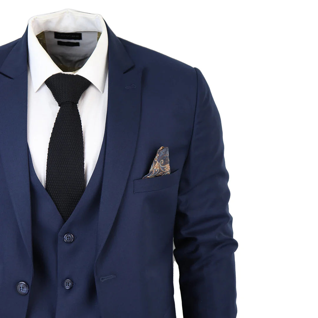 Traje de tres piezas IM1 para hombre, clásico, color azul marino carbón, corte entallado.
