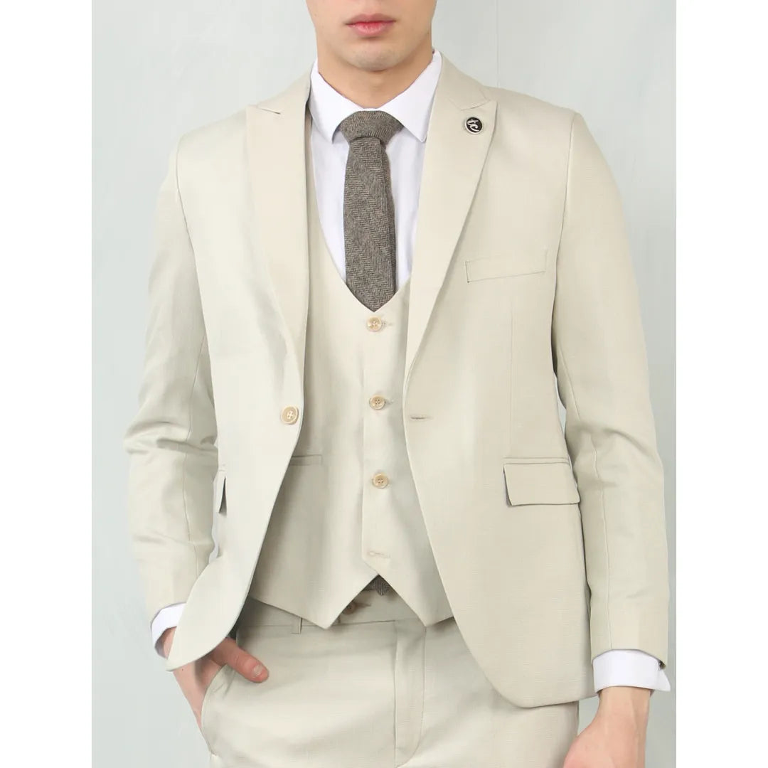 IM200 - Traje de boda de tres piezas para hombre, color crema, corte entallado.