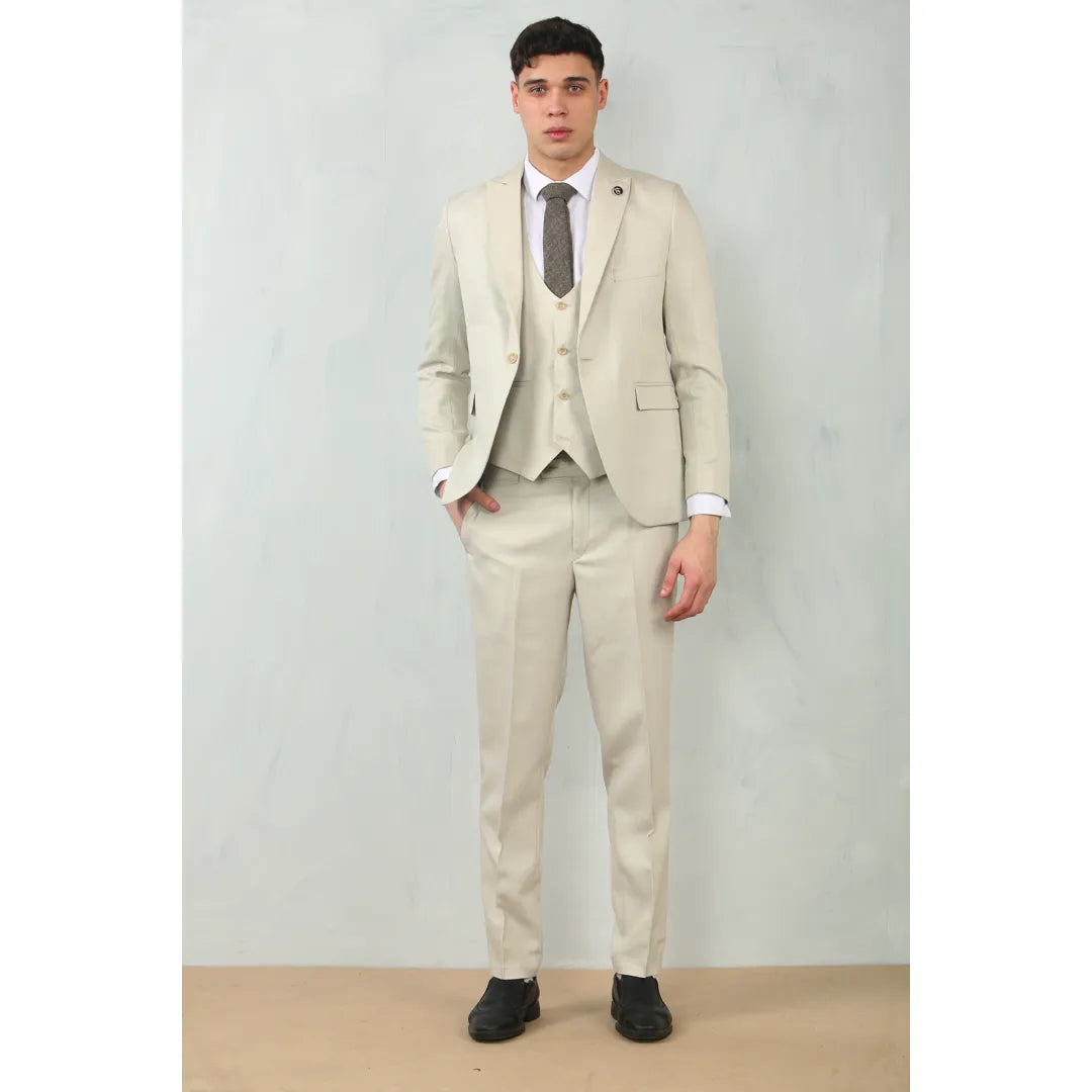 IM200 - Traje de boda de tres piezas para hombre, color crema, corte entallado.