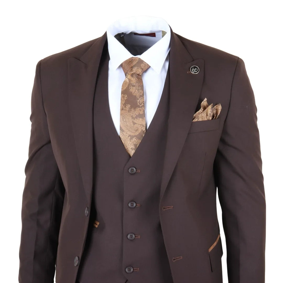 IM32 - Traje de tres piezas liso marrón oscuro para hombre