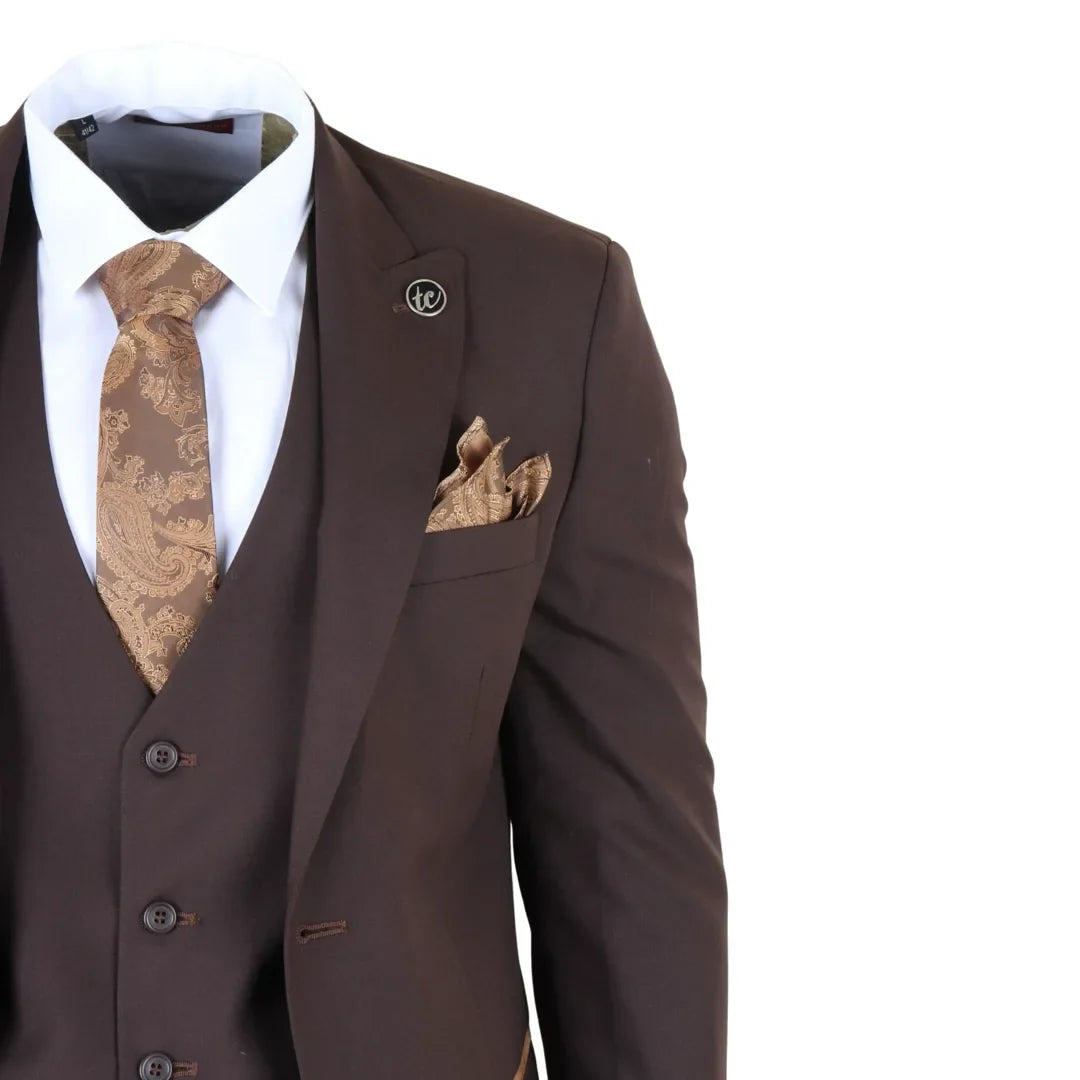 IM32 - Traje de tres piezas liso marrón oscuro para hombre