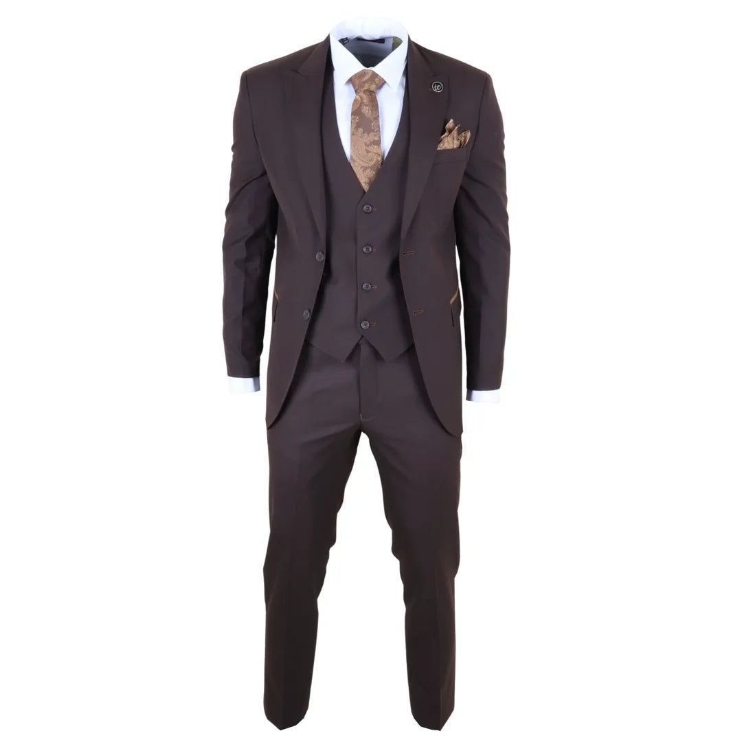 IM32 - Traje de tres piezas liso marrón oscuro para hombre
