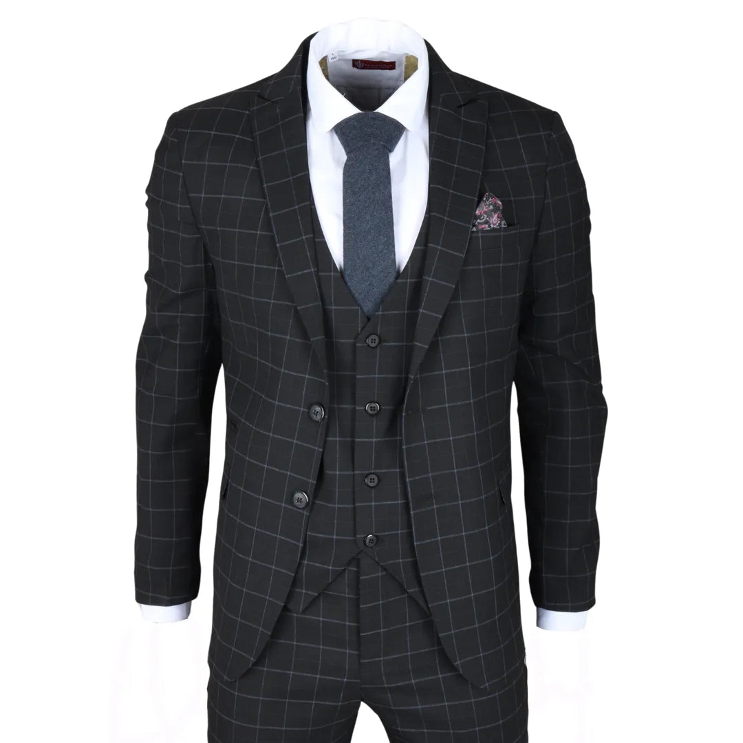 Traje de tres piezas IM3 para hombre, negro, a cuadros, de corte entallado.