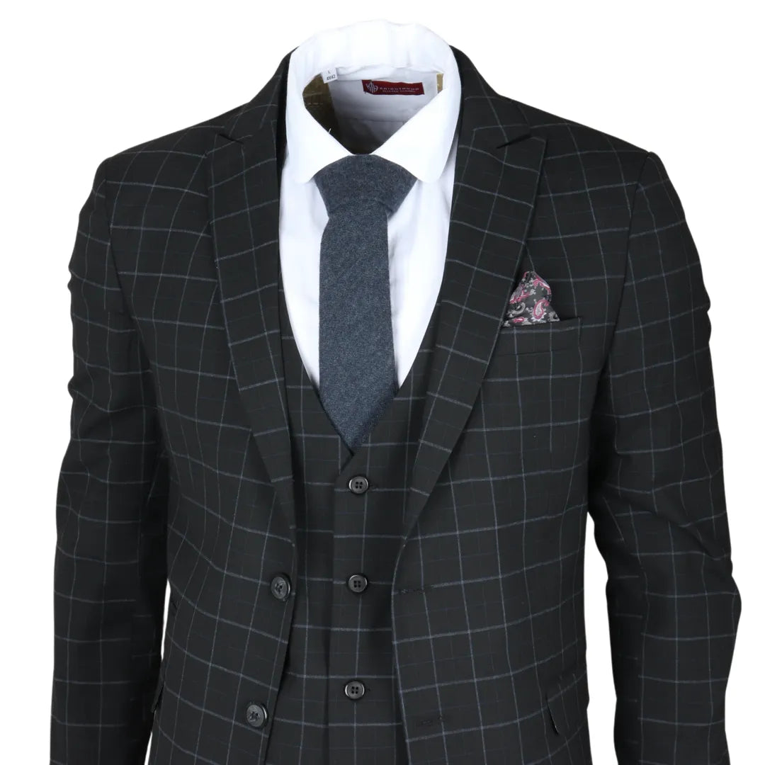 Traje de tres piezas IM3 para hombre, negro, a cuadros, de corte entallado.
