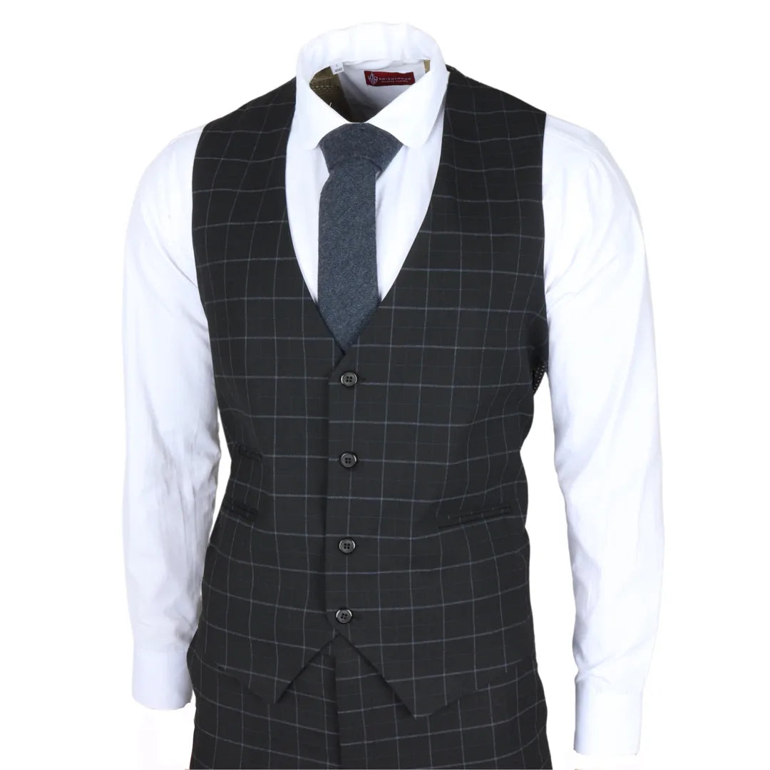 Traje de tres piezas IM3 para hombre, negro, a cuadros, de corte entallado.