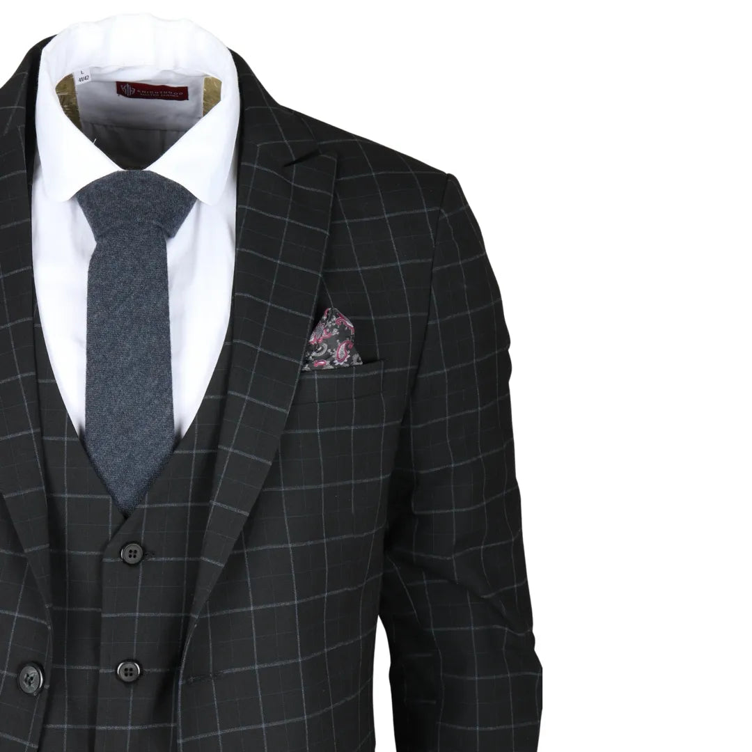 Traje de tres piezas IM3 para hombre, negro, a cuadros, de corte entallado.