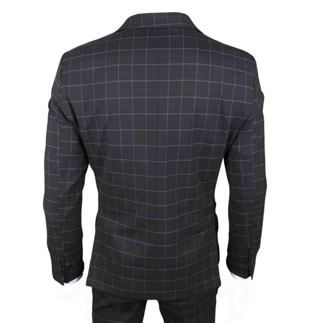 Traje de tres piezas IM3 para hombre, negro, a cuadros, de corte entallado.
