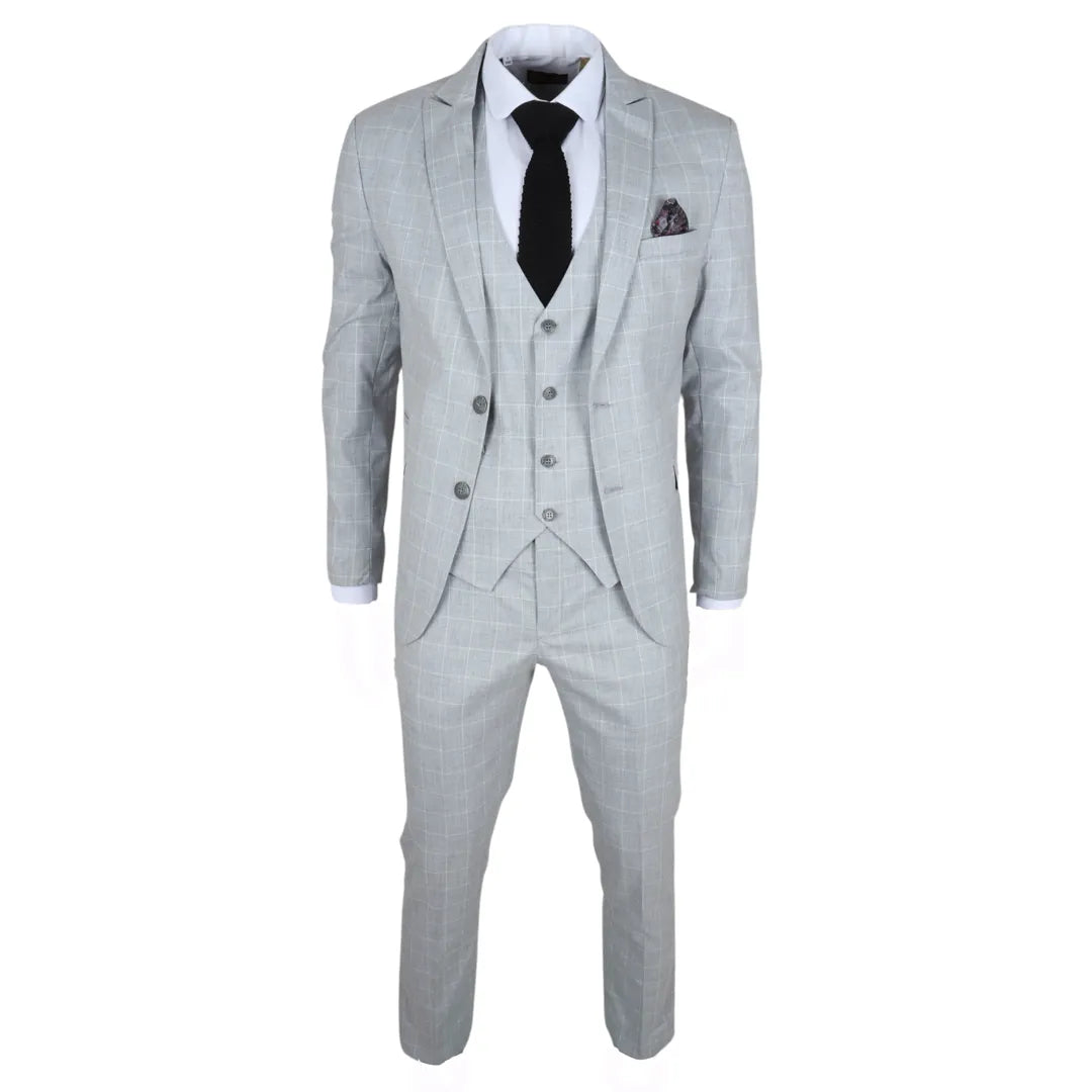Traje de tres piezas IM3 para hombre, gris a cuadros, corte entallado.