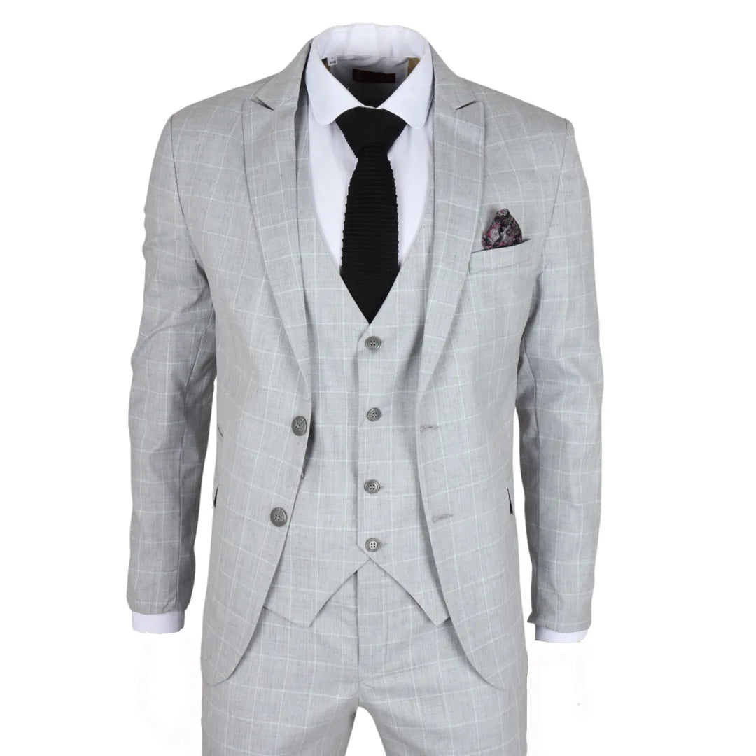 Traje de tres piezas IM3 para hombre, gris a cuadros, corte entallado.