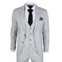 Traje de tres piezas IM3 para hombre, gris a cuadros, corte entallado.