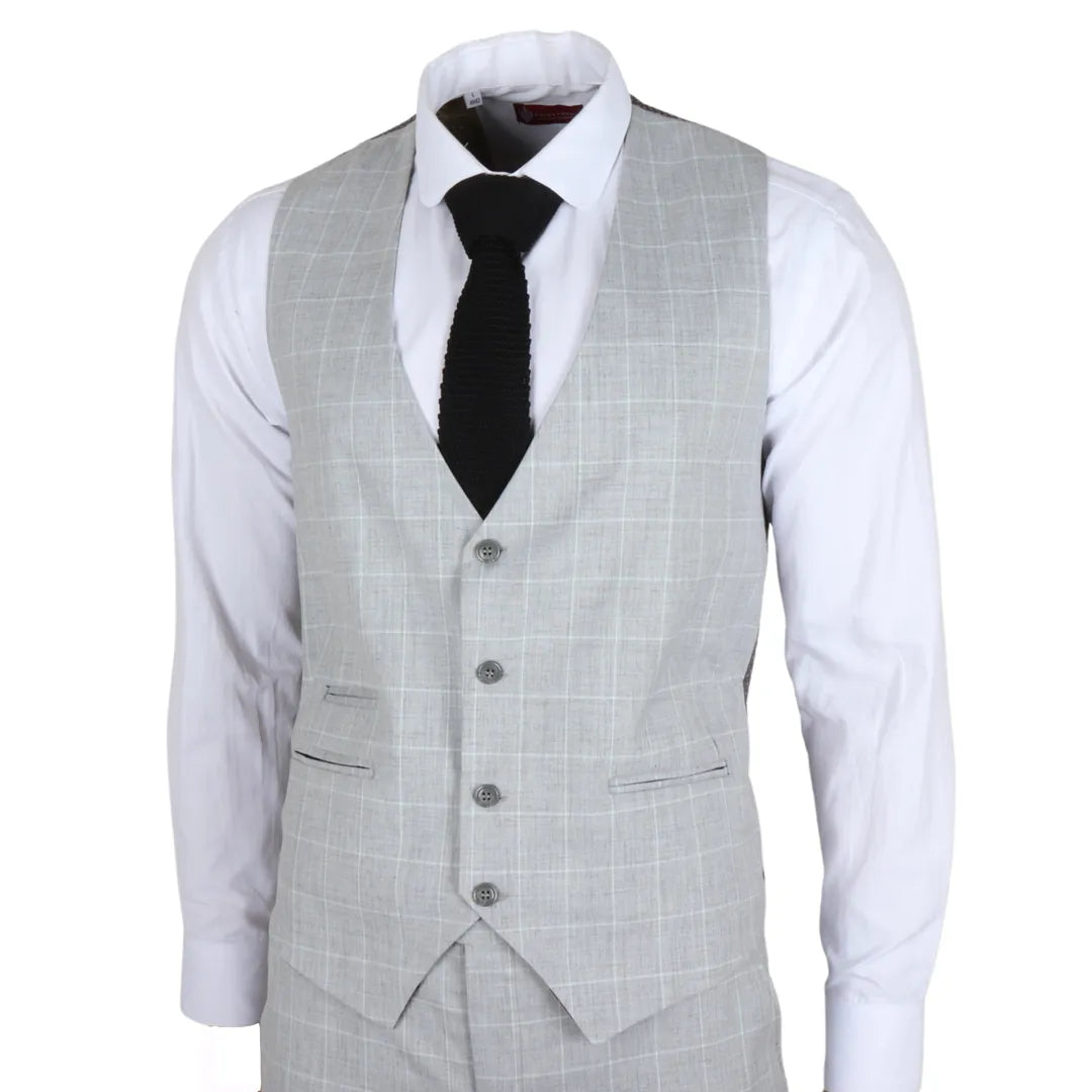 Traje de tres piezas IM3 para hombre, gris a cuadros, corte entallado.