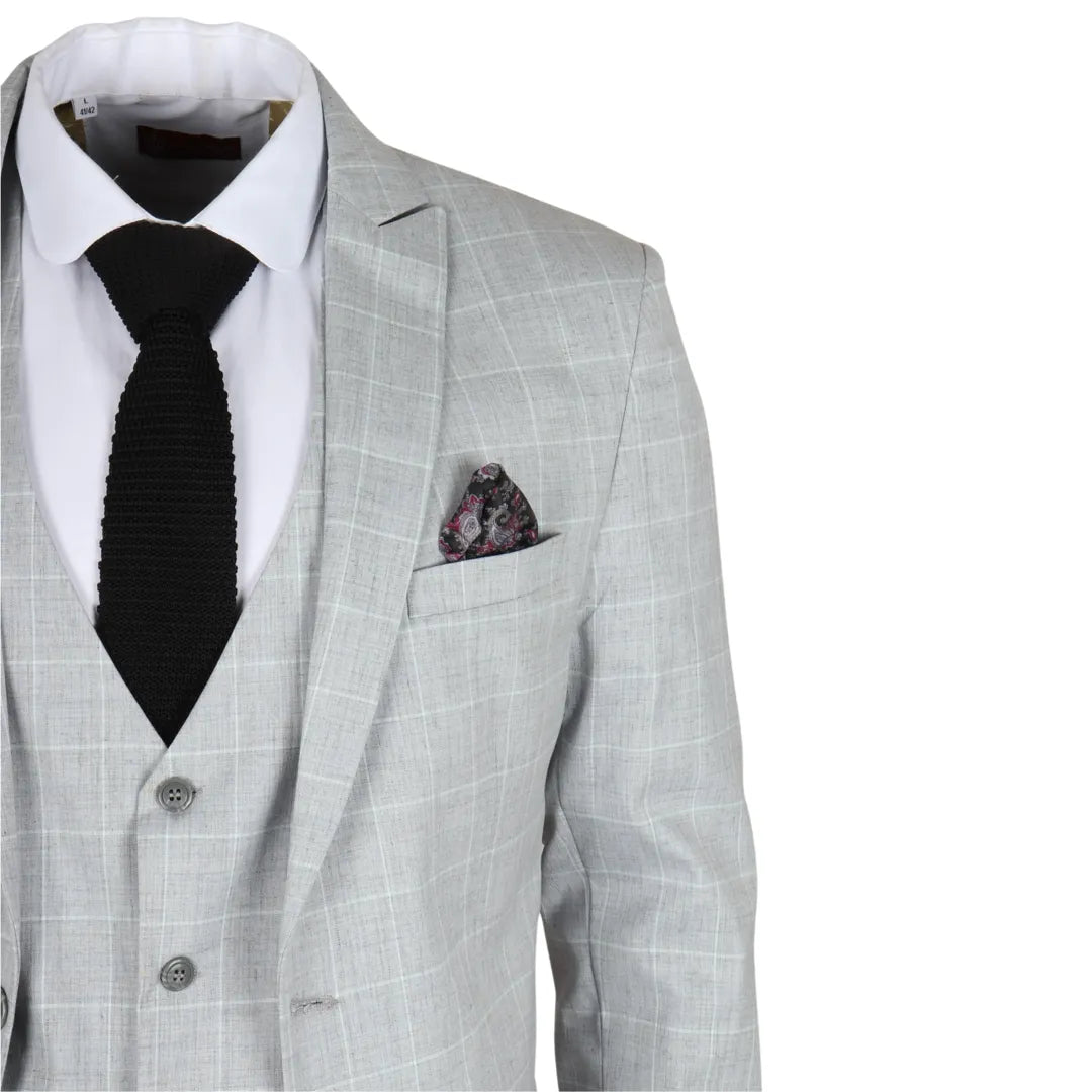 Traje de tres piezas IM3 para hombre, gris a cuadros, corte entallado.