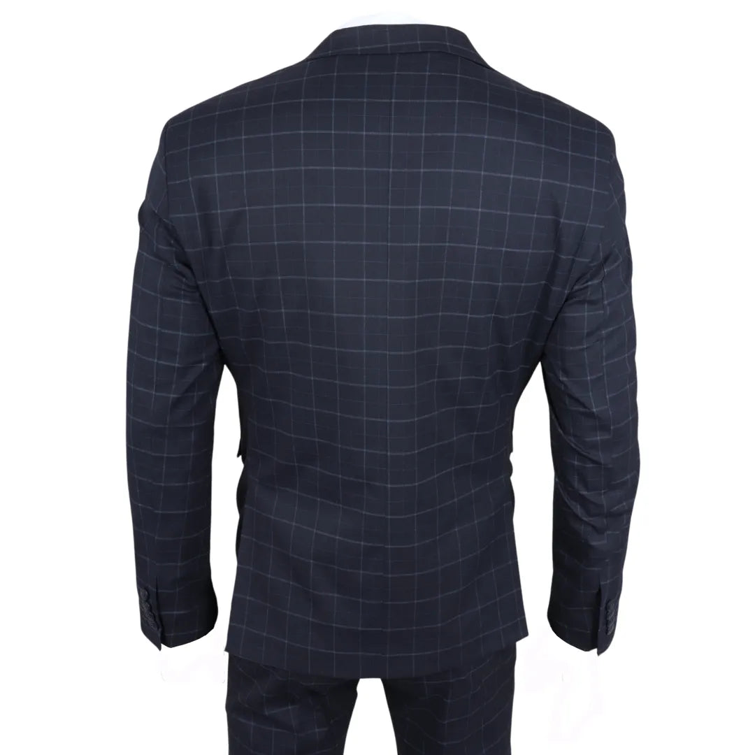 Traje de tres piezas IM3 para hombre, azul marino, a cuadros, corte entallado.