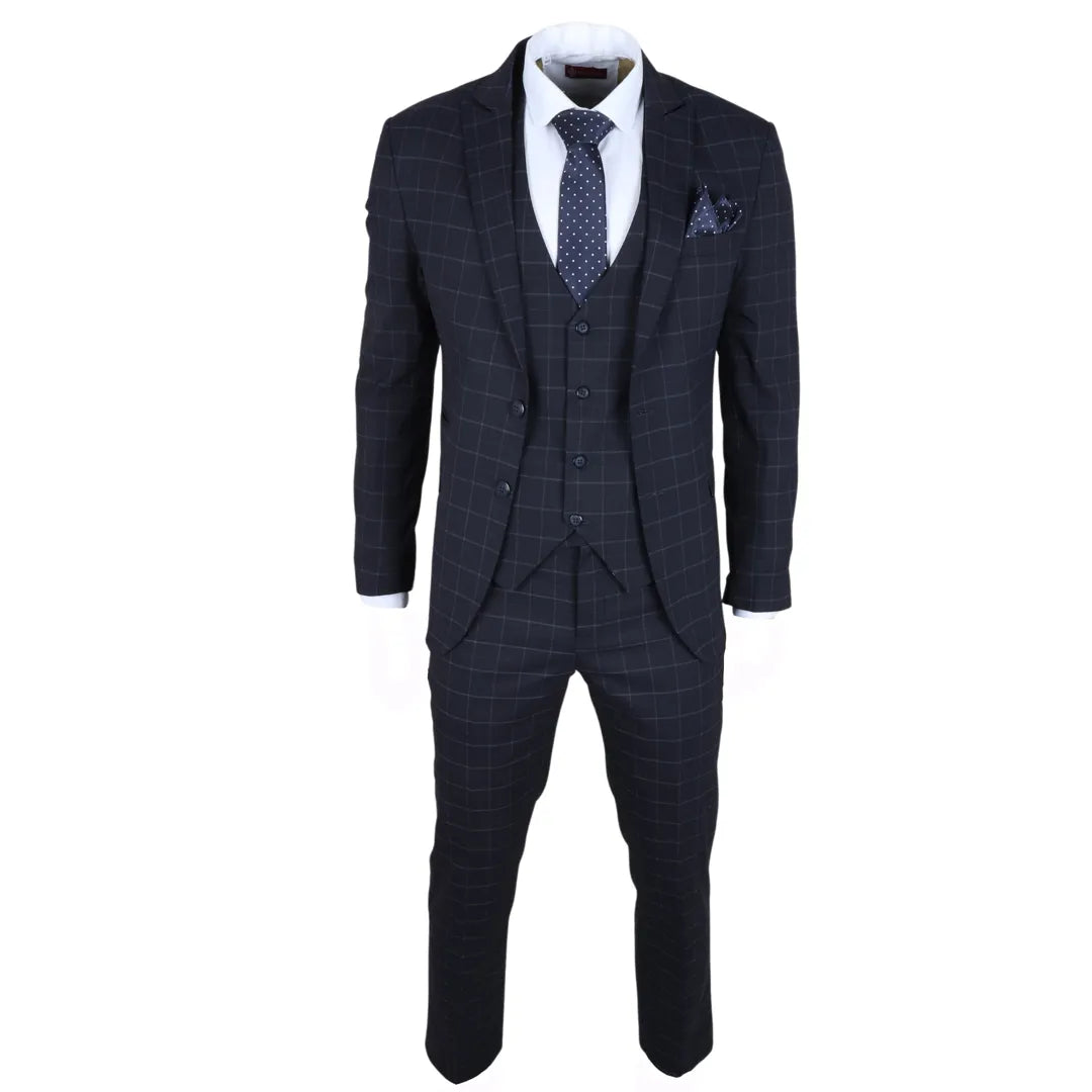 Traje de tres piezas IM3 para hombre, azul marino, a cuadros, corte entallado.