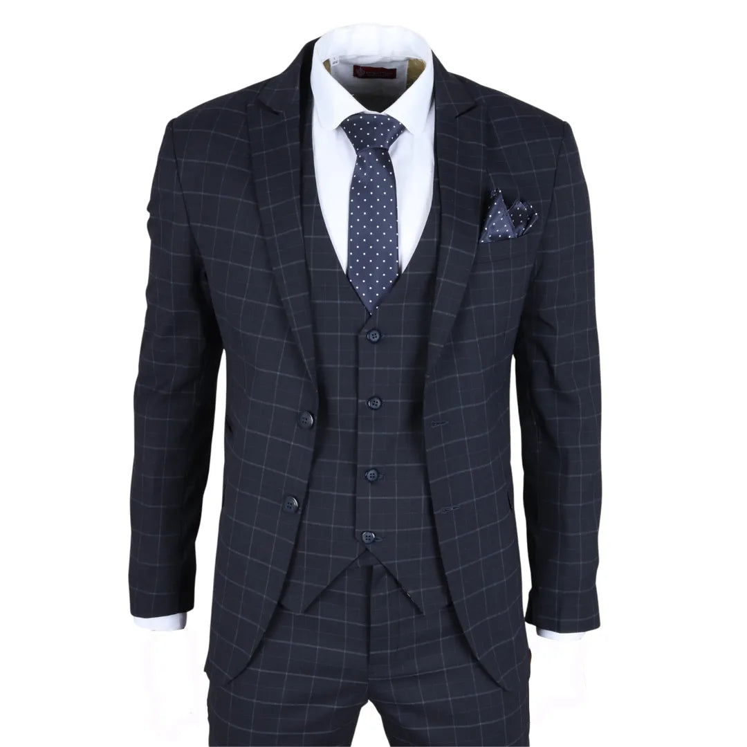 Traje de tres piezas IM3 para hombre, azul marino, a cuadros, corte entallado.
