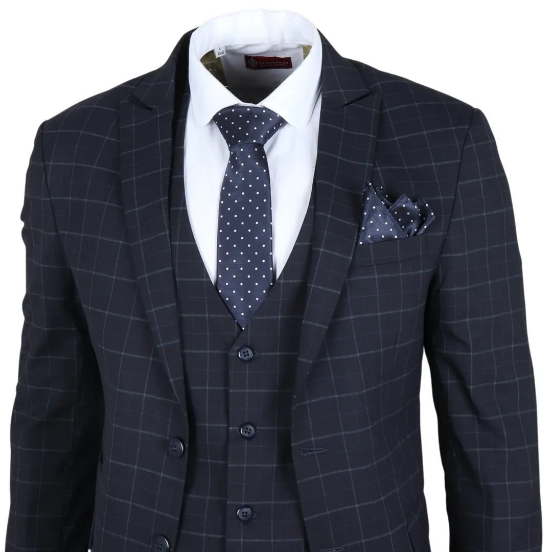 Traje de tres piezas IM3 para hombre, azul marino, a cuadros, corte entallado.