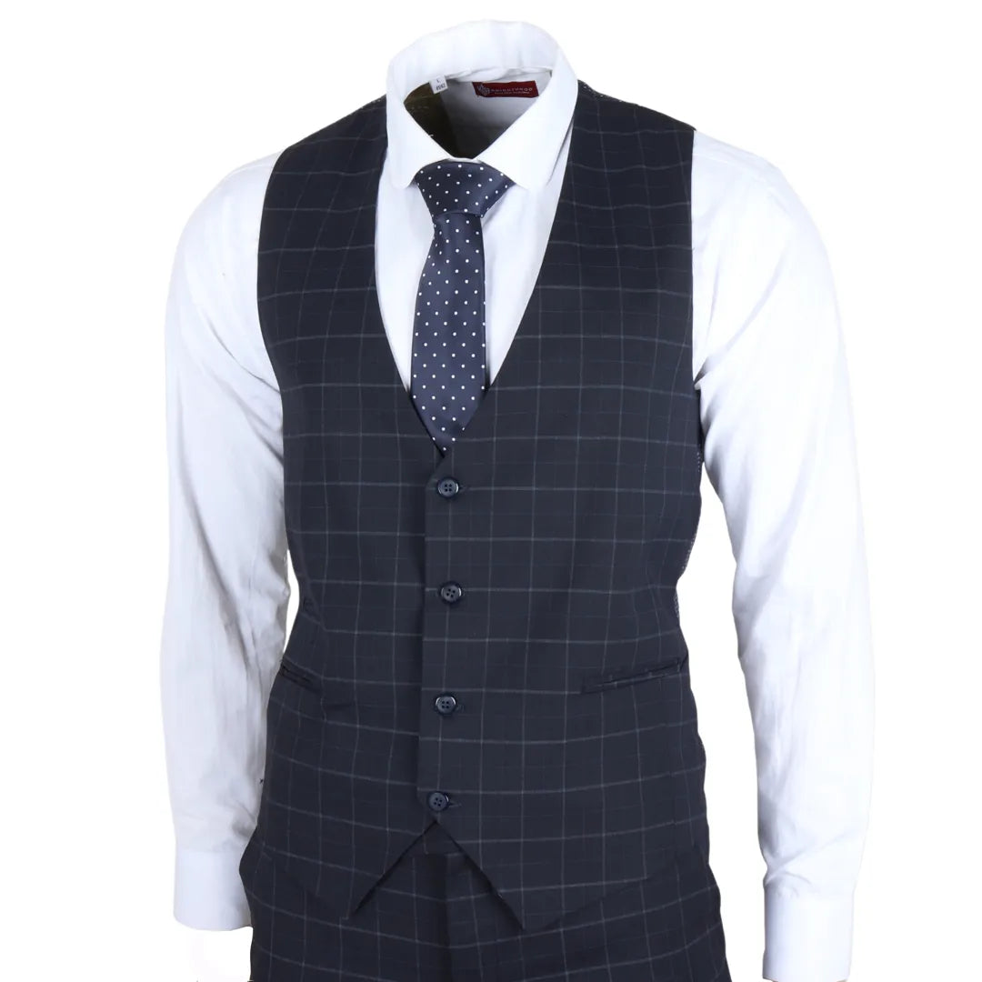 Traje de tres piezas IM3 para hombre, azul marino, a cuadros, corte entallado.