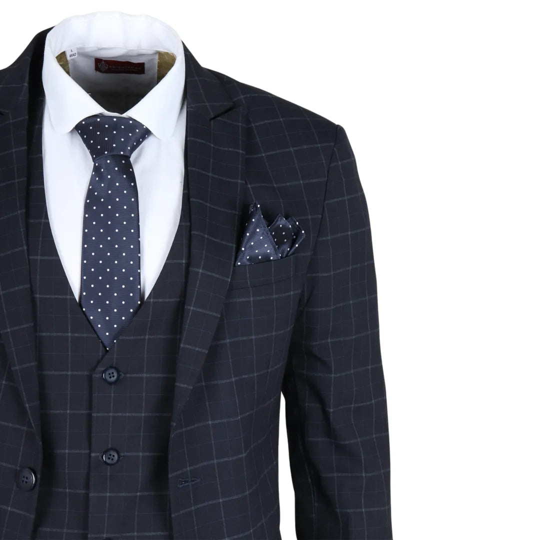 Traje de tres piezas IM3 para hombre, azul marino, a cuadros, corte entallado.