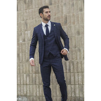 Traje de tres piezas IM3 para hombre, azul marino, a cuadros, corte entallado.