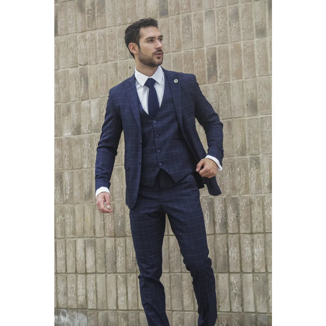 Traje de tres piezas IM3 para hombre, azul marino, a cuadros, corte entallado.