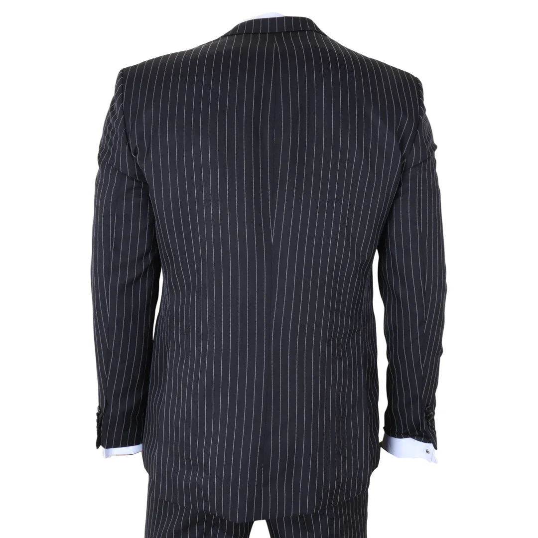 IM45 - Traje de tres piezas negro a rayas para hombre, estilo mafia