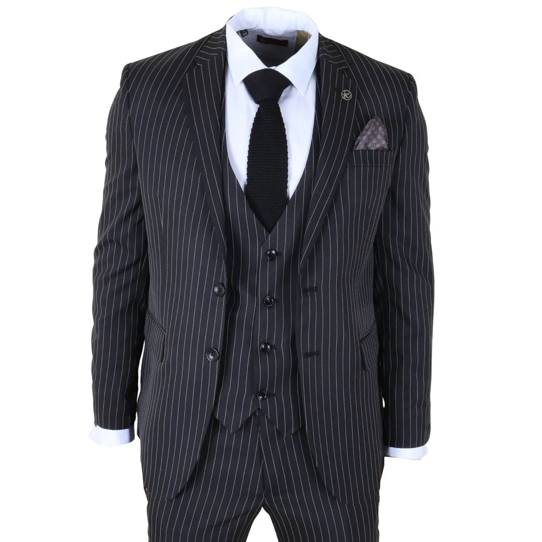 IM45 - Traje de tres piezas negro a rayas para hombre, estilo mafia